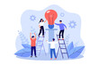 © Bro Vector - Teamwork of tiny people with insight idea. Brainstorm of male and female employees with light bulb flat vector illustration. Innovation, success concept for banner, website design or landing web page