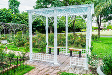 Metal Gazebo With Bench In Public Garden Background. White Steel Pergola With Fence In The Park