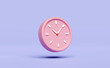 cartoon character pink alarm clock wake-up time morning with space isolated on purple or violet background. minimal design concept, 3d illustration or 3d render