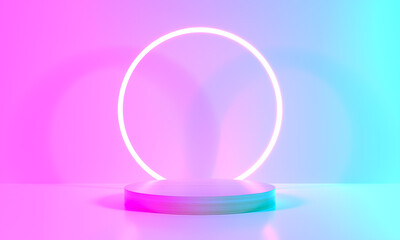 Wall Mural - product stand blue pink violet neon abstract background, studio modern ultraviolet light, room paste