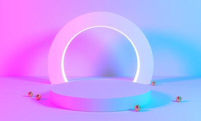 Wall Mural - product stand blue pink violet neon abstract background, studio modern ultraviolet light, room paste