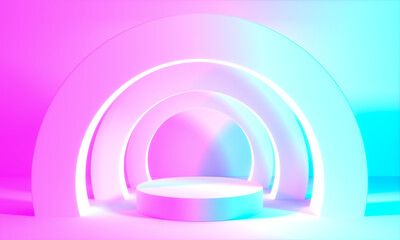 Wall Mural - product stand blue pink violet neon abstract background, studio modern ultraviolet light, room paste