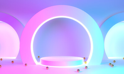 Wall Mural - product stand blue pink violet neon abstract background, studio modern ultraviolet light, room paste