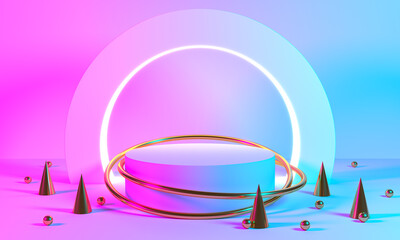 Wall Mural - product stand blue pink violet neon abstract background, studio modern ultraviolet light, room paste