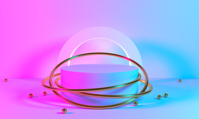 Wall Mural - product stand blue pink violet neon abstract background, studio modern ultraviolet light, room paste