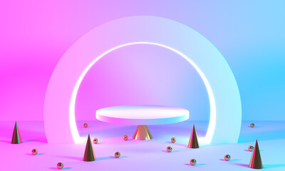 Wall Mural - product stand blue pink violet neon abstract background, studio modern ultraviolet light, room paste