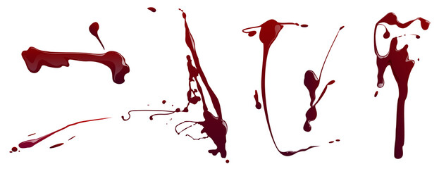 Wall Mural - splatters of blood, red paint or ink isolated on white background. vector cartoon set of bloody spla