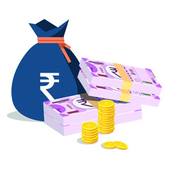 Rupee bundle with rupee bag with coins, economy growth vector illustration.