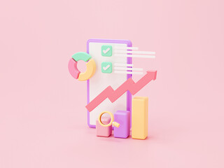 Fototapete - Smartphone and analyze chart graph growing strategy marketing business and finance concept on pink background 3d rendering
