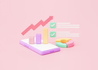 Fototapete - Graph plan and growing strategy on smartphone investment marketing business and finance concept on pink background 3d rendering