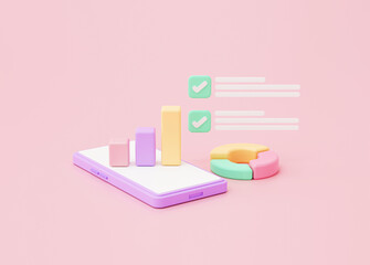 Fototapete - Analytics chart graph on smartphone investment marketing business and finance concept on pink background 3d rendering
