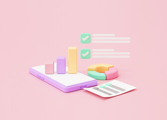 Fototapete - Report analytics chart graph on smartphone investment marketing business and finance concept on pink background 3d rendering