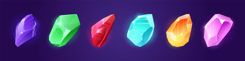 Poster - precious gemstones, color crystal stones. vector cartoon set of shiny gems, ruby, diamond, amethyst 