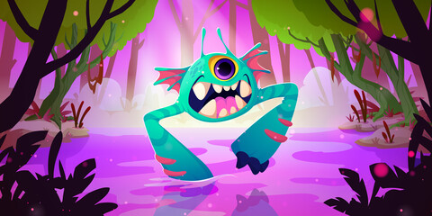 Wall Mural - Cute funny monster in forest swamp. Vector cartoon fantasy illustration of magic jungle landscape and fantastic creature, ugly alien animal with teeth and one eye