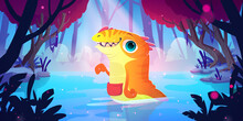 Cute Orange Monster In Forest Lake. Vector Cartoon Fantasy Illustration Of Woods Landscape With Swamp And Magic Creature, Fantastic Alien Animal With Pouch And Teeth