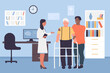 Old patient with young volunteer on doctors appointment in geriatric clinic. Recovery physical therapy, medical care and help for elderly people in hospital vector illustration. Medicine concept