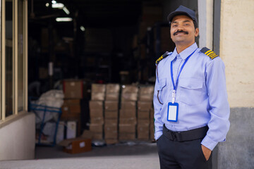 Wall Mural - Portrait of a male security guard with hands in pockets while working in warehouse