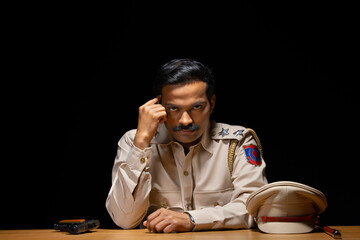 Wall Mural - Portrait of an Indian policeman sitting in policestation