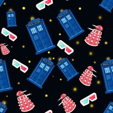 Seamless Pattern With Police Box On Black Background. Police Box. Tardis. Doctor Who Fan Art. 