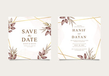 Elegant Wedding Invitation Card With Gold Geometric And Leaves