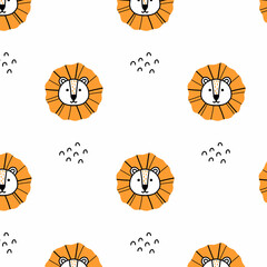 Wall Mural - Childish seamless pattern with lion. Doodle style. Cute pattern with lion head. Vector illustration.