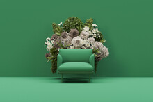 Green Armchair With Colorful Flowers On Pastel Green Background. Advertisement Idea. Creative Composition. 3d Render, Social Media And Sale Concept
