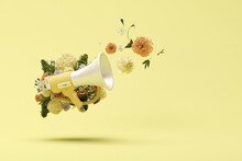 Megaphone With Colorful Flowers And Leaves Coming Out Of It Against Pastel Yellow Background. Advertisement Idea. Creative Composition. 3d Render, Social Media And Sale Concept
