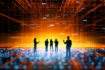 Aufkleber - Backlit businessmen and women standing in abstract blurry metaverse. Meta, teamwork and cyberspace concept.