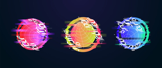 Modern futuristic cyberpunk element on dark background. Collection of high technology in geometric circle shape with colorful gradient color. Digital and trendy element forpresentation, ads.