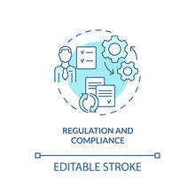 Regulation And Compliance Turquoise Concept Icon. Business Challenge Abstract Idea Thin Line Illustration. Isolated Outline Drawing. Editable Stroke. Arial, Myriad Pro-Bold Fonts Used