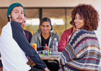 Poster - Just the usual crew. A group of friends around an outdoor table.