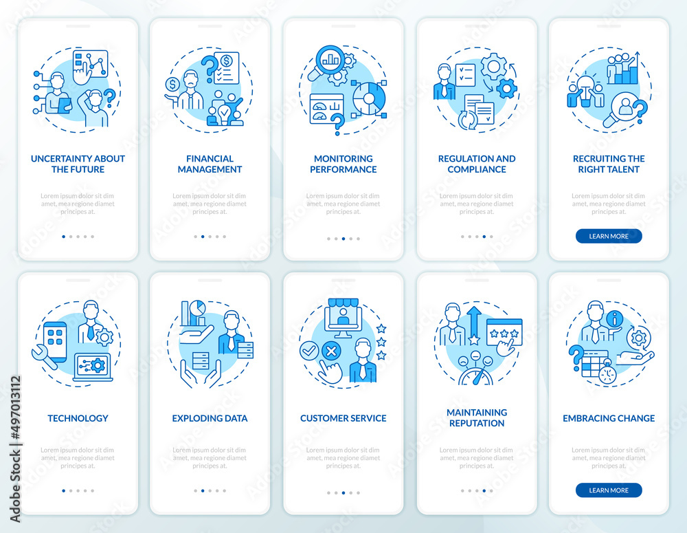 Regular business issues blue onboarding mobile app screen set ...