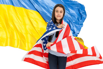 little girl with usa flag on the background of the Ukrainian flag