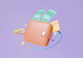 Cashback in money wallet concept. floating with banknote ,credit card finance shopping online payments exchange on isolated purple background, transfer, 3d render illustration