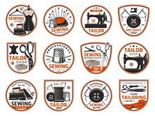Tailoring And Sewing Industry Icons, Tailor Shop Or Dressmaking Atelier Vector Retro Symbols. Dressmaker Seamstress Salon, Handicraft Tailoring Workshop, Clothes Sewing Studio Icons