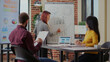 © DC Studio - Multi ethnic team attending briefing presentation in boardroom, asian woman showing sales statistics and financial growth to colleagues. Business people researching new strategy.