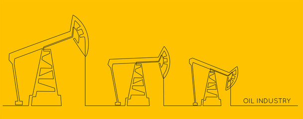 Aufkleber - Oil pumps jacks of One continuous line drawing. Pump stations and derrick petroleum production and trade industry in simple linear style on yellow background. Editable stroke. Vector illustration