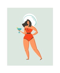 Sticker - Hand drawn vector abstract cute summer time fun beach young glamour girl illustration with cocktail isolated on blue background