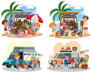 Wall Mural - Flea market concept with set of different car boot sales