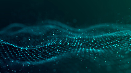 Fototapete - Hexagonal digital communication structure. Connection of dots and lines on a dark background. 3D rendering.