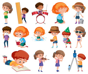 Poster - Set of children doing different activities on white background