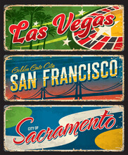 Las Vegas, San Francisco And Sacramento American Cities Plates And Travel Stickers. USA Journey Vintage Plates, United States Of America City Vector Tin Sign With Casino Roulette, Golden Gate Bridge