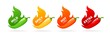 Hot spicy level vector labels of spice food and sauce taste scale. Red chili pepper, cayenne, jalapeno, habanero with fire flames and mild green, spicy yellow, hot orange, extra red rating indicators