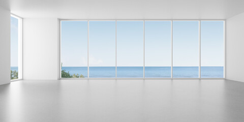 Poster - 3d render of empty room with large window and concrete floor on the sea background.