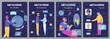 Metaverse in different life spheres set of vector posters. People in VR headsets using metaverse for their purposes - studies, games, business, investment in NFT art.