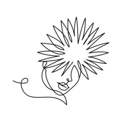 Wall Mural - Face of an abstract woman in a modern abstract minimalist one line style. Tropical leaf. Continuous black line simple drawing. Vector fashion illustration.