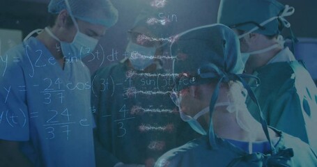 Poster - Animation of rotating dna over caucasian female and male surgeons in face masks during operation