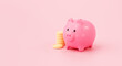 Piggy bank and coin savings concept on pink background 3d rendering