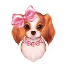 Beautiful Illustration Of Cute Spaniel Dog With Pink Bow