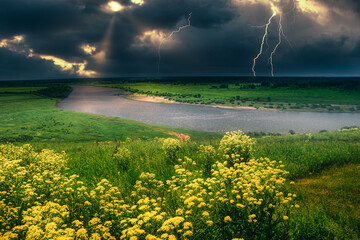 Wall Mural - summer thunderstorm over the lightning river top view yellow meadow of flowers on the hill